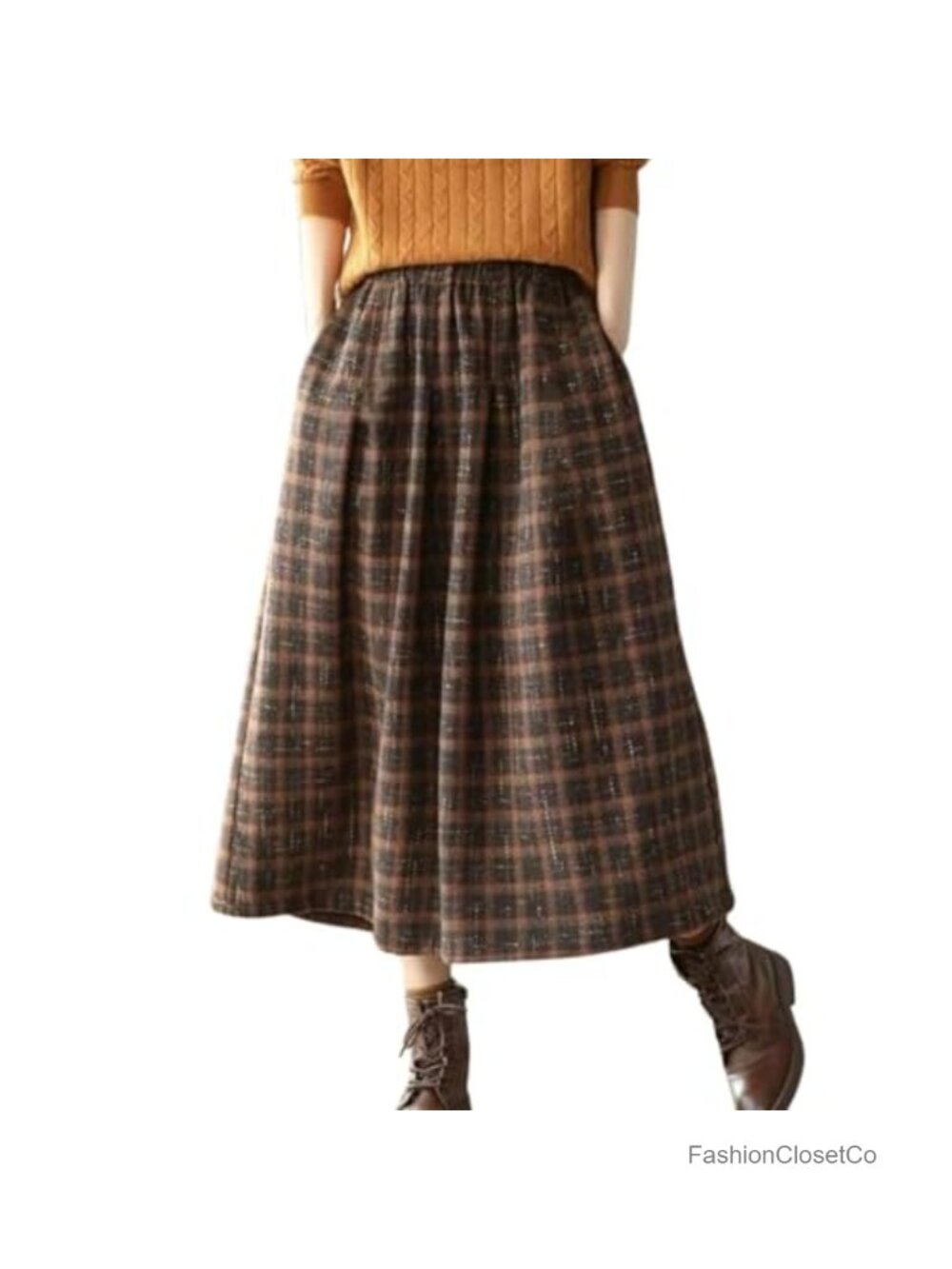 Women's Vintage Plaid A-Line Midi Wool Skirt with Pockets